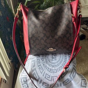 Coach Red and Brown Signature Shoulder Bag